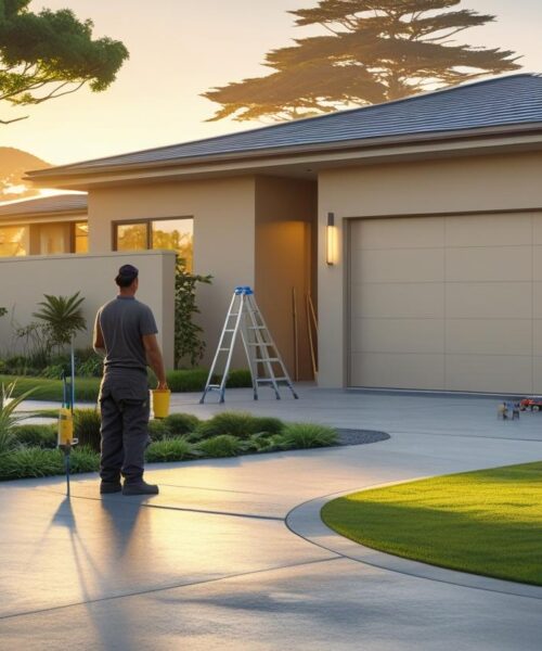 Heritage Values & Quality Work__Modern home with well-maintained garden, clean driveway, and a worker painting exterior wall in background, glowing morning light, tools neatly placed, New Z (1)